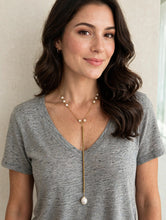 Load image into Gallery viewer, Pearl &amp; Gold Beaded Y-Lariat Necklace - Freshwater Pearl Drop Lariat