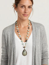 Load image into Gallery viewer, Amazonite Square Bead Long Necklace - Ocean Jasper Teardrop Pendant with Pyrite Bezel, Boho