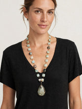 Load image into Gallery viewer, Amazonite Square Bead Long Necklace - Ocean Jasper Teardrop Pendant with Pyrite Bezel, Boho