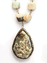 Load image into Gallery viewer, Amazonite Square Bead Long Necklace - Ocean Jasper Teardrop Pendant with Pyrite Bezel, Boho