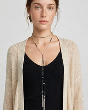 Load image into Gallery viewer, Evil Eye Wrap Lariat Necklace with Silver Tassels - Convertible Choker + Long Layered Necklace