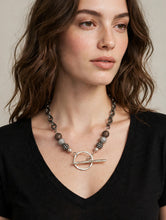 Load image into Gallery viewer, Statement Toggle Necklace | Gunmetal Chain + Pavé Crystal Beads + Faux Pearl | Chunky Front Toggle Clasp