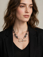Load image into Gallery viewer, Statement Toggle Necklace | Gunmetal Chain + Pavé Crystal Beads + Faux Pearl | Chunky Front Toggle Clasp