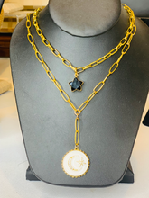 Load image into Gallery viewer, White moon enamel pendant on gold link chain.